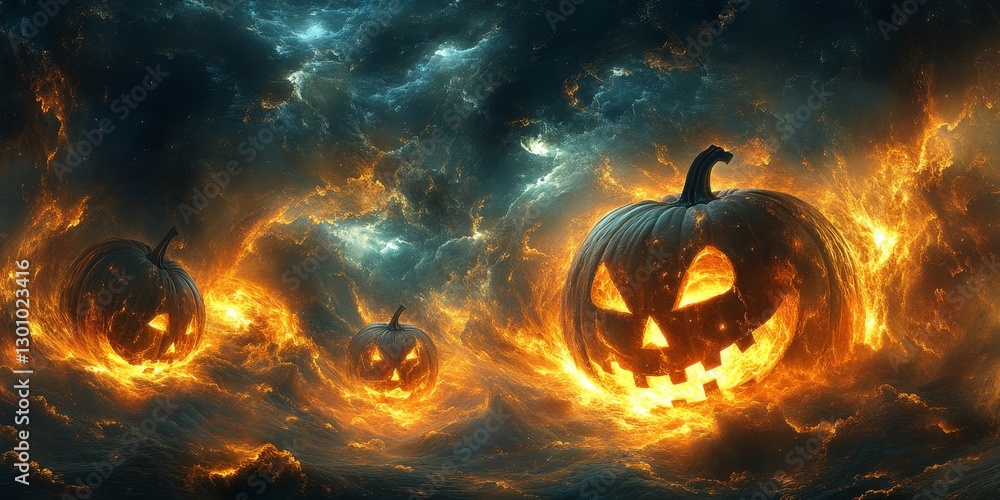 Flaming Jack-o'-lanterns in a stormy sky. Flaming Jack-o'-lanterns in a stormy sky.