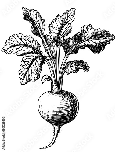 Engraved vector illustration of a radish plant featuring detailed leaves and roots for product design
