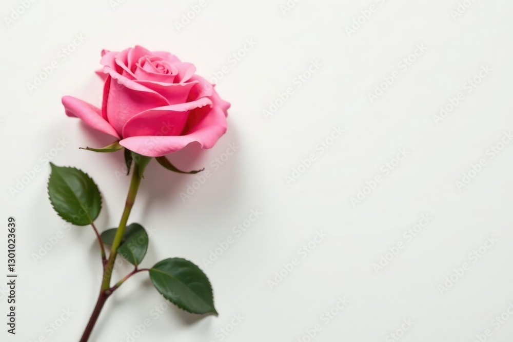 Single pink rose bloom on a minimalist white background, color, simplicity Single pink rose bloom on a minimalist white background, color, simplicity