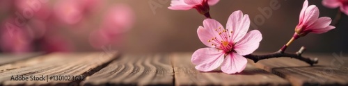 Single pink sakura blossom on a wooden table with a natural background, natural, elegance, table
