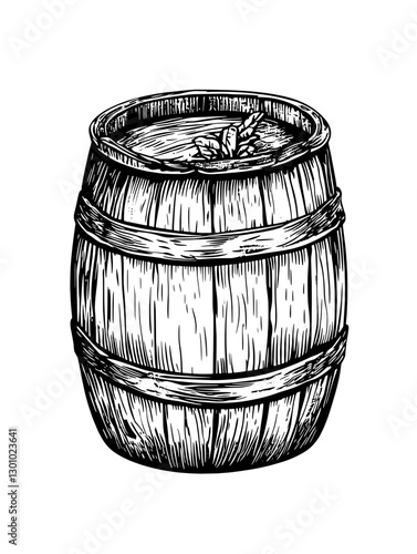 Wooden barrel illustrated for product design in rustic style showcasing detailed craftsmanship