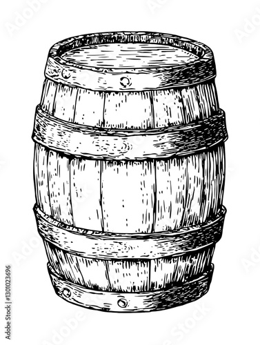 Detailed vector engraved illustration of a wooden barrel suitable for various product designs and vintage aesthetics
