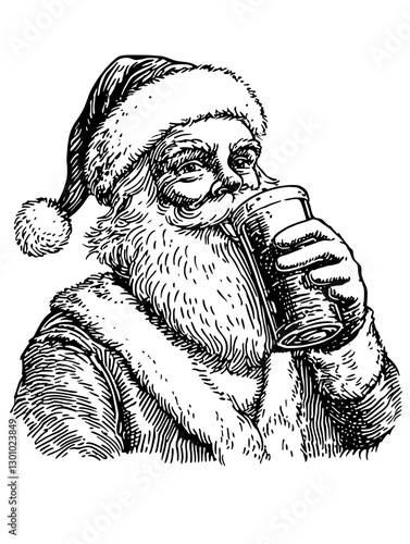Santa Claus enjoying a cold drink in a festive setting for holiday celebration designs
