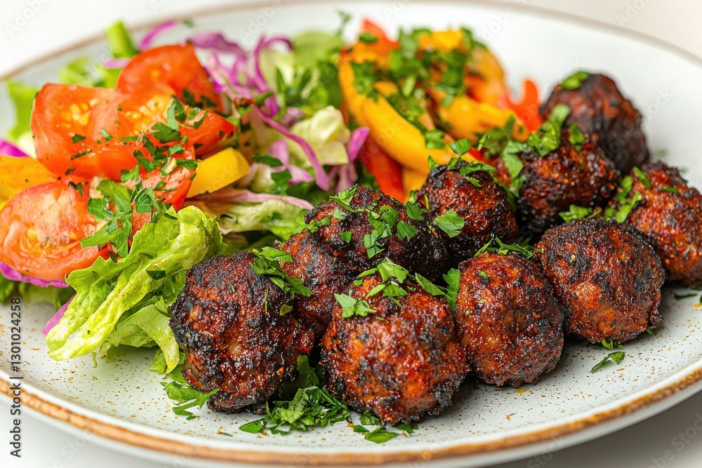 A delicious and appetizing plate of well-cooked meatballs served with a fresh, colorful mixed salad, sprinkled with herbs, offering a balanced and healthy meal option. A delicious and appetizing plate of well-cooked meatballs served with a fresh, colorful mixed salad, sprinkled with herbs, offering a balanced and healthy meal option.