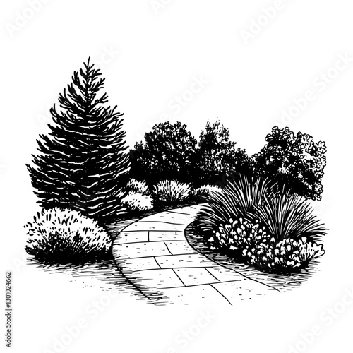 Engraved vector illustration of a serene garden pathway lined with trees and shrubs in a tranquil setting