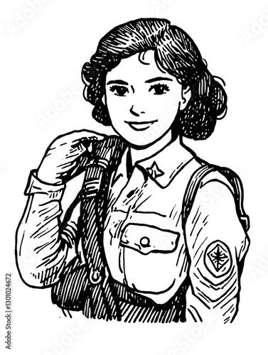 Vector engraved illustration of a smiling female soldier in uniform with shoulder strap, showcasing pride and commitment in military attire