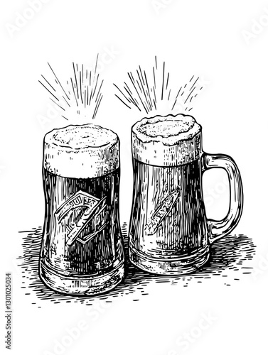 Vector engraved illustration of two frothy beer mugs clinking together in celebration