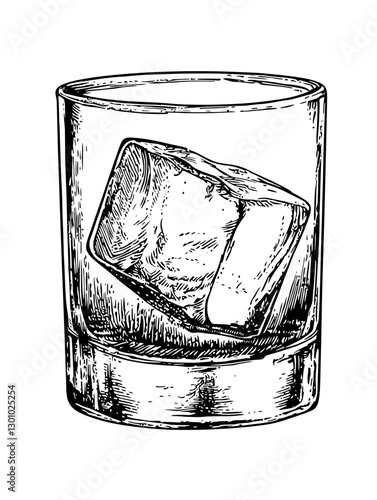 Engraved vector illustration of a whisky glass with ice cubes, perfect for product design and branding