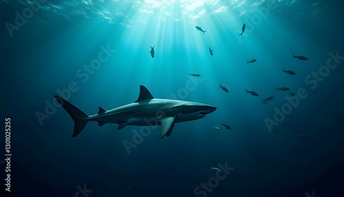 A large shark swims with smaller fish in deep ocean water