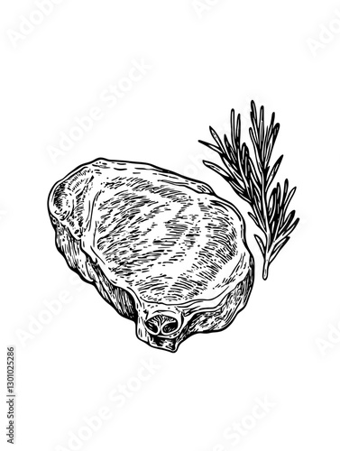 Vector engraved illustration of a meat cut with a sprig of rosemary for culinary design use