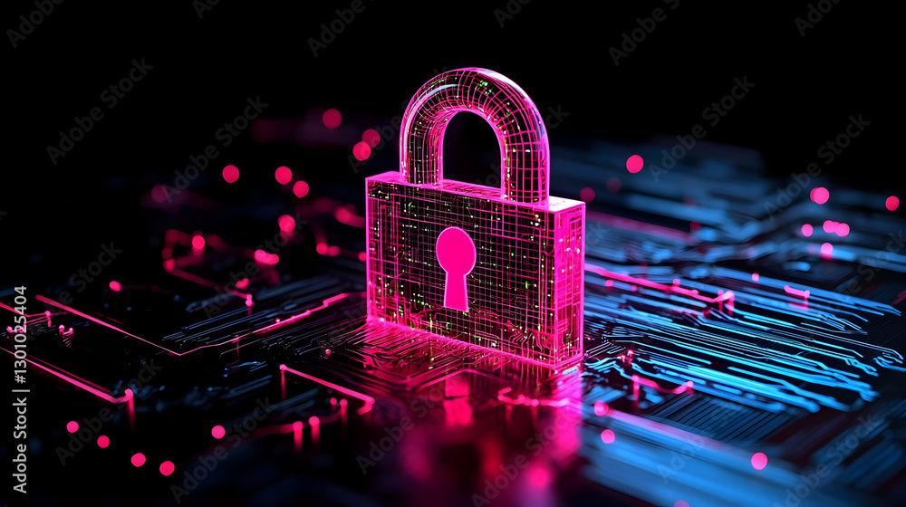 Fototapeta premium Digital Lock with Circuit Pattern and Neon Glow in Cybersecurity Concept