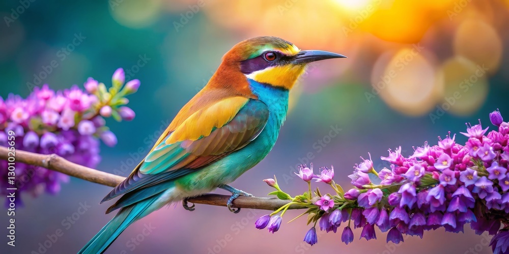 Obraz premium Vibrant Rainbow Bird Perched on a Branch Adorned with Delicate Purple Blossoms in a Soft, Sunlit Garden Setting