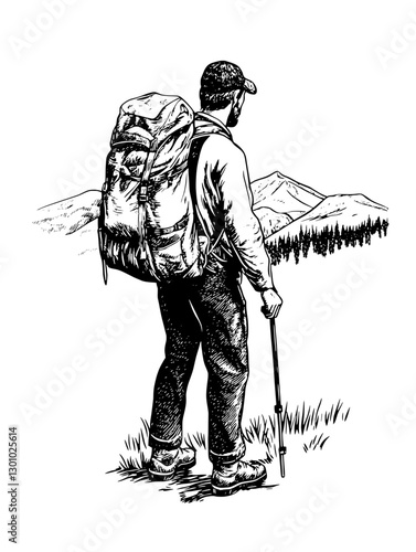Hiker with backpack enjoys mountain view in vector engraved illustration for outdoor activity design