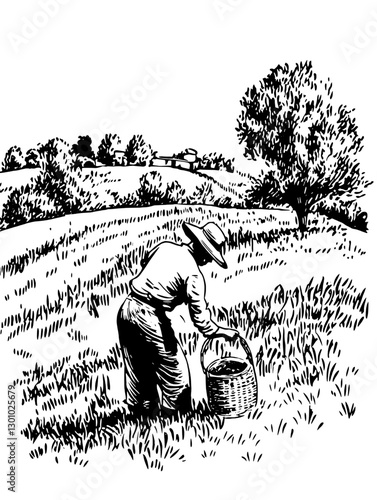 Farm worker harvesting crops in a serene rural landscape during daytime with hills and trees in the background