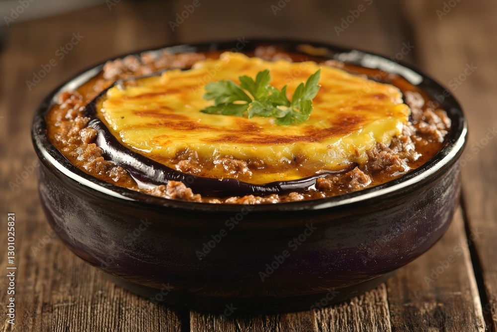A close-up shot of delicious moussaka, a traditional Greek dish, served in a ceramic bowl, garnished with fresh parsley, on a rustic wooden table. A close-up shot of delicious moussaka, a traditional Greek dish, served in a ceramic bowl, garnished with fresh parsley, on a rustic wooden table.