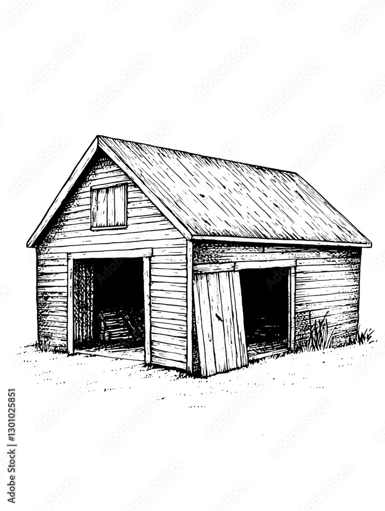 Vector engraved illustration of a rustic barn with open doors for product design Vector engraved illustration of a rustic barn with open doors for product design