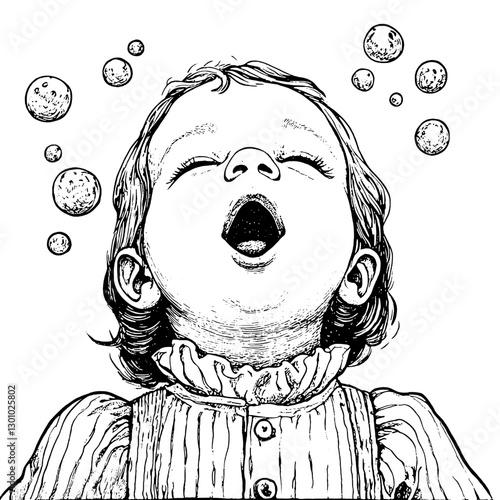 Engraved illustration of a baby joyfully blowing bubbles in playful innocence