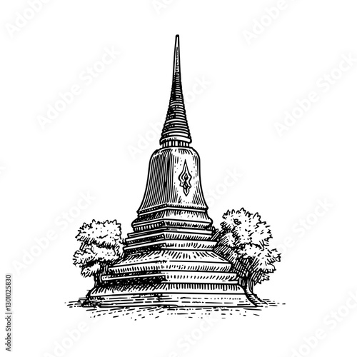 Vector engraved illustration of a traditional stupa surrounded by trees for product design inspirations