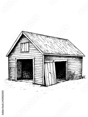 Vector engraved illustration of a rustic barn with open doors for product design