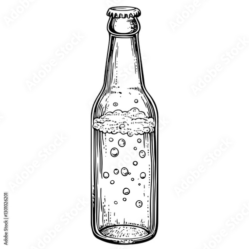 Vector engraved illustration of a classic glass bottle with bubbles for product design in beverage packaging