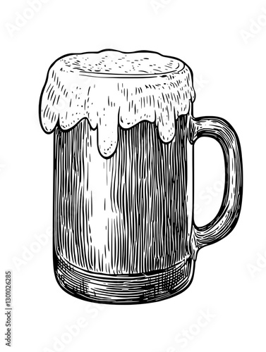 Engraved vector illustration of a frothy beer mug for product design showcasing craftsmanship and style