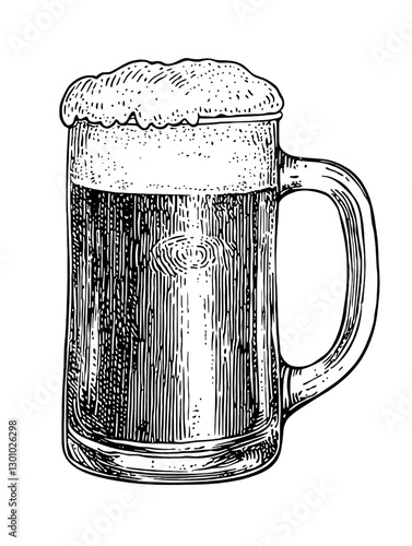 Vintage style vector engraved illustration of a frothy beer mug for product design and branding