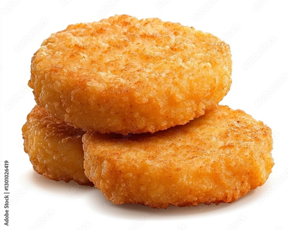 Three Golden Brown Crispy Hash Browns Stacked on White Background Three Golden Brown Crispy Hash Browns Stacked on White Background