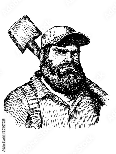 Detailed vector engraved illustration of a rugged man with a beard and shovel ready for outdoor work