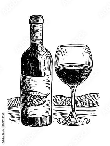 Elegant vector engraved illustration featuring a wine bottle and glass for product design