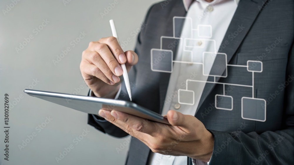 Navigating Digital Architect: A professional in a suit meticulously interacts with a tablet, visualizing complex workflows, as the digital structures comes to life.