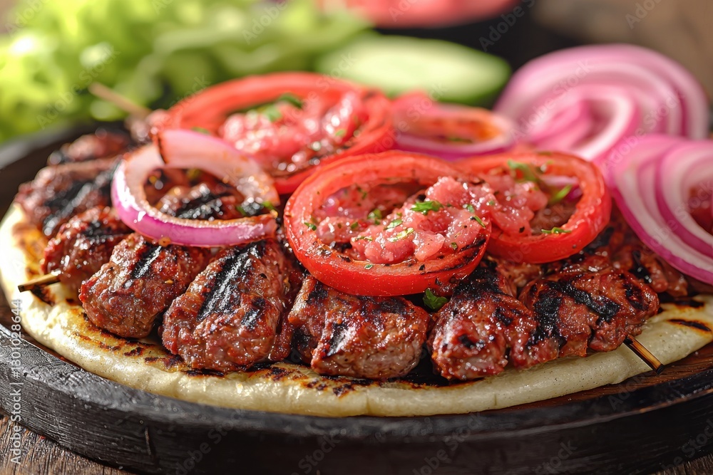 Delicious grilled meat skewers presented on pita bread, garnished with fresh tomato slices, red onion rings, and green salad, offering a culinary delight. Delicious grilled meat skewers presented on pita bread, garnished with fresh tomato slices, red onion rings, and green salad, offering a culinary delight.