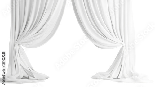Elegant white drapery creates a graceful archway for an event presentation or stage setup in a minimalist design