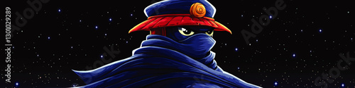 Mysterious Anime Ninja Character in Starry Night Sky Vector Graphic with Red Samurai Hat and Blue Cloak - Enigmatic Artistic Design for Fans and Creators