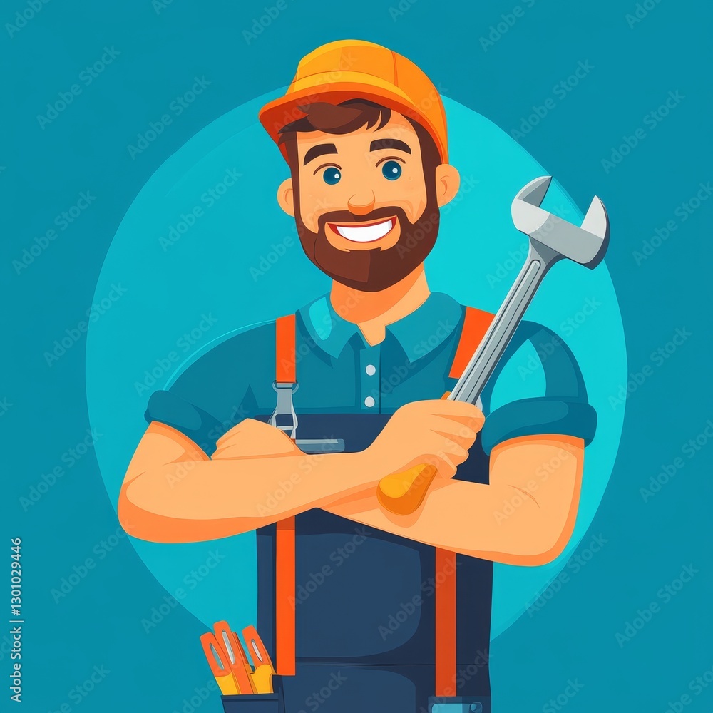 Plumber with wrench ready to serve. Plumber with wrench ready to serve.