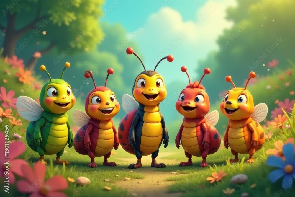 Obraz premium Cheerful cartoon insect friends on a vibrant background, endless repeat , vector, design, surface