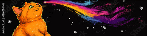 Vibrant Vector Illustration of Whimsical Orange Cat Exhaling Rainbow Nebula Amidst Snowflakes on Black Background - Surreal Fantasy Digital Art for Creative Inspiration