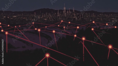 A dark and mysterious cityscape threaded with glowing red nodes symbolizing digital connections spreading like a neural network. photo