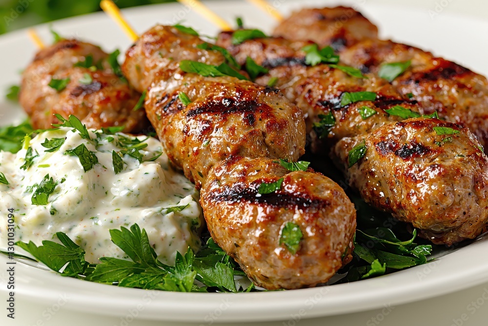 A tempting close-up of grilled lamb kebabs served with creamy tzatziki sauce, adorned with fresh parsley, ready for a delicious Mediterranean feast on a white plate. A tempting close-up of grilled lamb kebabs served with creamy tzatziki sauce, adorned with fresh parsley, ready for a delicious Mediterranean feast on a white plate.