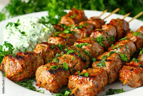 Juicy grilled lamb kebabs served with creamy tzatziki sauce, garnished with fresh parsley, a delicious Middle Eastern culinary delight presented on a white plate. photo