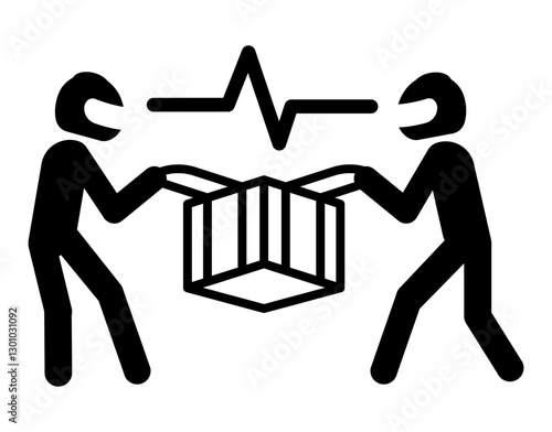 icon  two people wearing helmets pulling on a package from opposite sides with a heartbeat line above them symbolizing competition struggle.