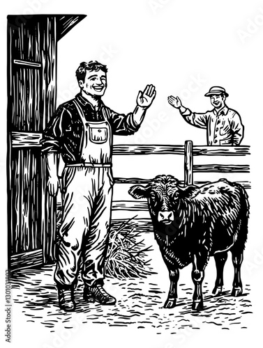 Farmers greeting each other with a calf in a rustic barn setting during the daytime
