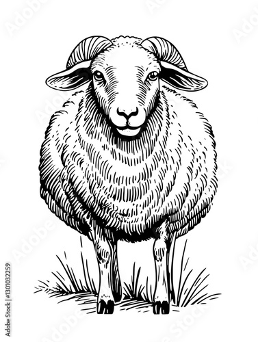 Vector engraved illustration of a standing sheep surrounded by grass for product design purposes