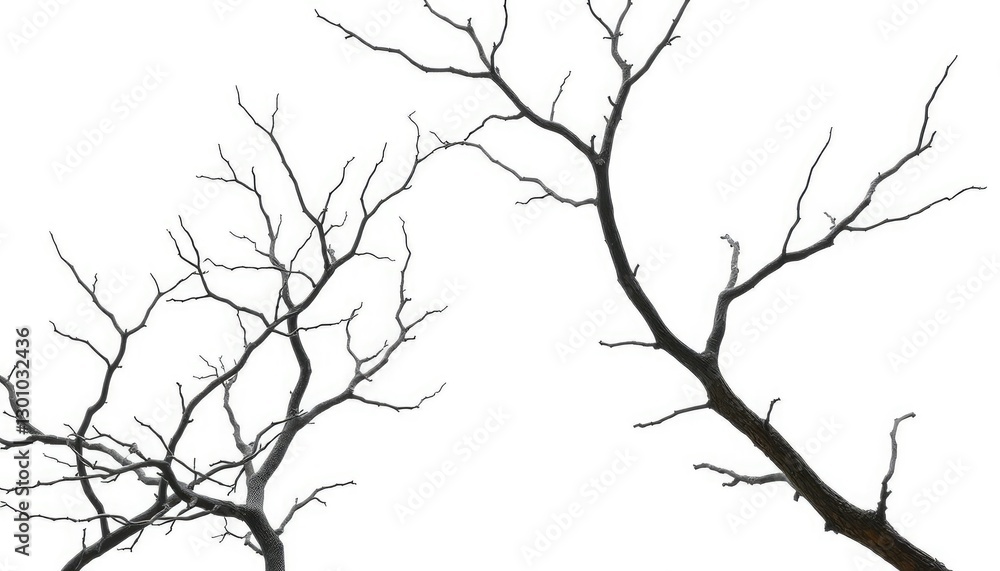 Obraz premium Bare, gnarled branches isolated against a pure white backdrop, abstract, strong