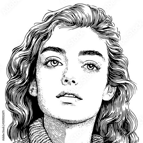 Vector engraved illustration of a young woman with wavy hair designed for modern product applications