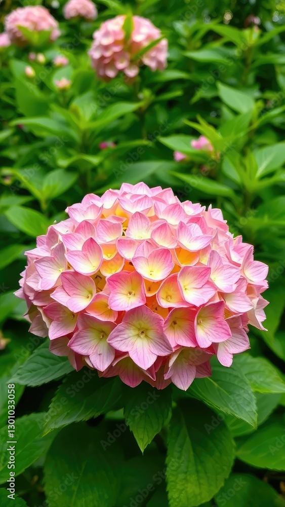 Fototapeta premium Blooming hydrangea in lush green garden amidst leafy foliage, verdant, blossom