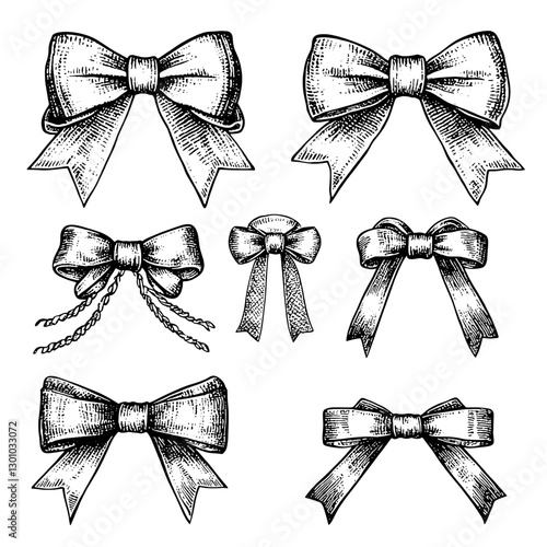 Vector engraved illustrations of various decorative bows for product design and packaging