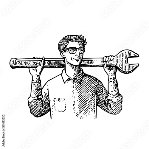 Vector engraved illustration of a man holding a large wrench on his shoulders in a workshop setting