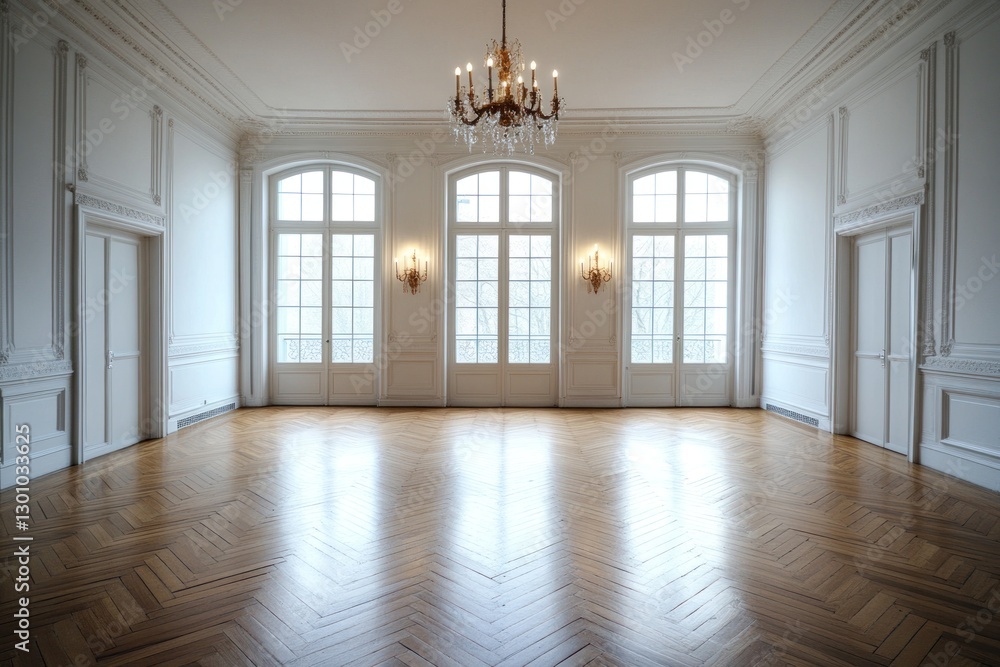 Fototapeta premium Elegant empty room with large windows, chandelier, and hardwood floors.