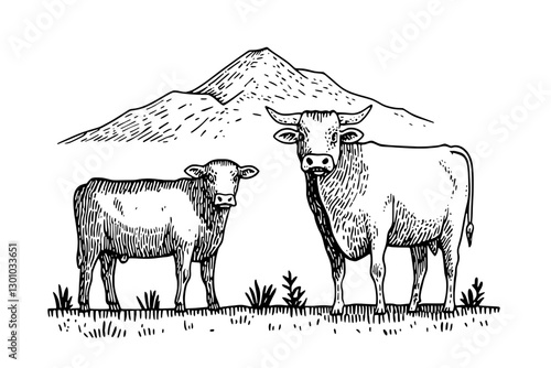 Engraved vector illustration of cows in a mountainous landscape for product design use