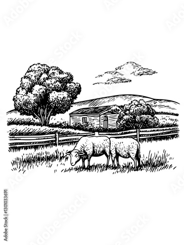 Vector engraved illustration of sheep grazing near a farmhouse in a tranquil rural landscape